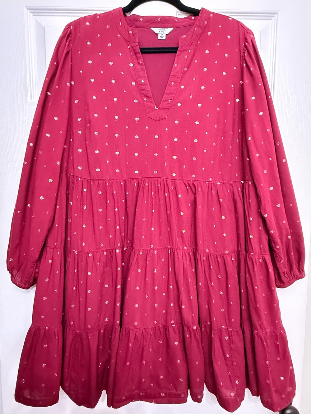 Crown & Ivy Maroon Gold Dot Tiered Boho Dress Size 1X Plus
